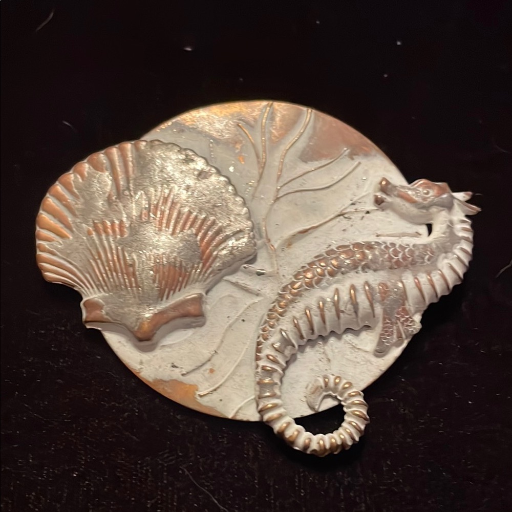 Silver Seahorse and Shell Brooch